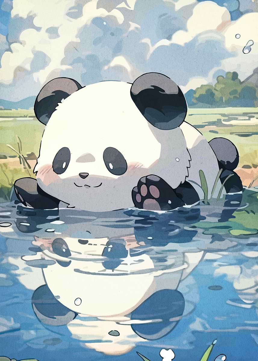 'Cute Panda in Water Reflection' Poster, picture, metal print, paint by ...