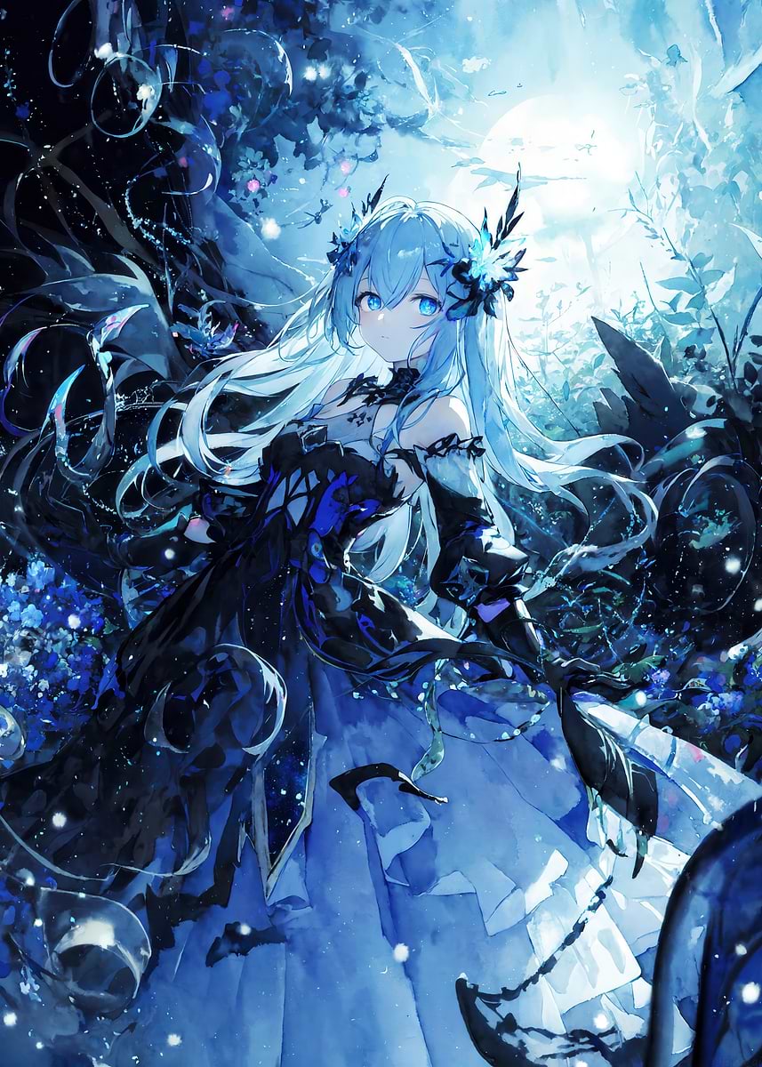 Anime Girl in Blue Forest' Poster, picture, metal print, paint by