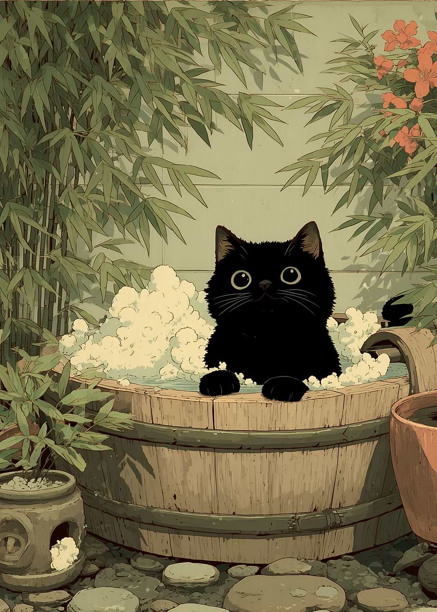 Black cat in Japan tub' Poster, picture, metal print, paint by