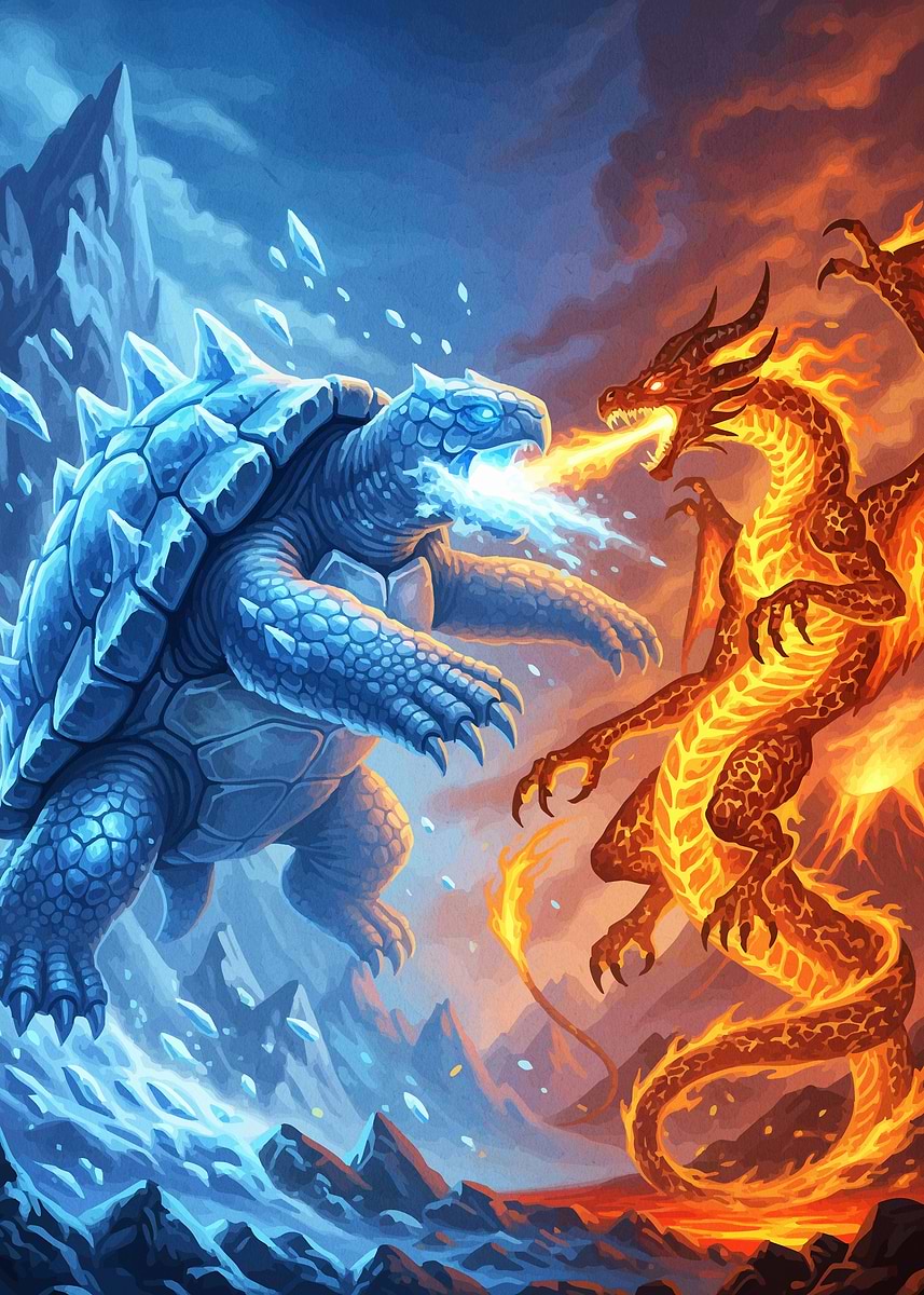 'Ice Turtle vs Fire Dragon' Poster, picture, metal print, paint by ...