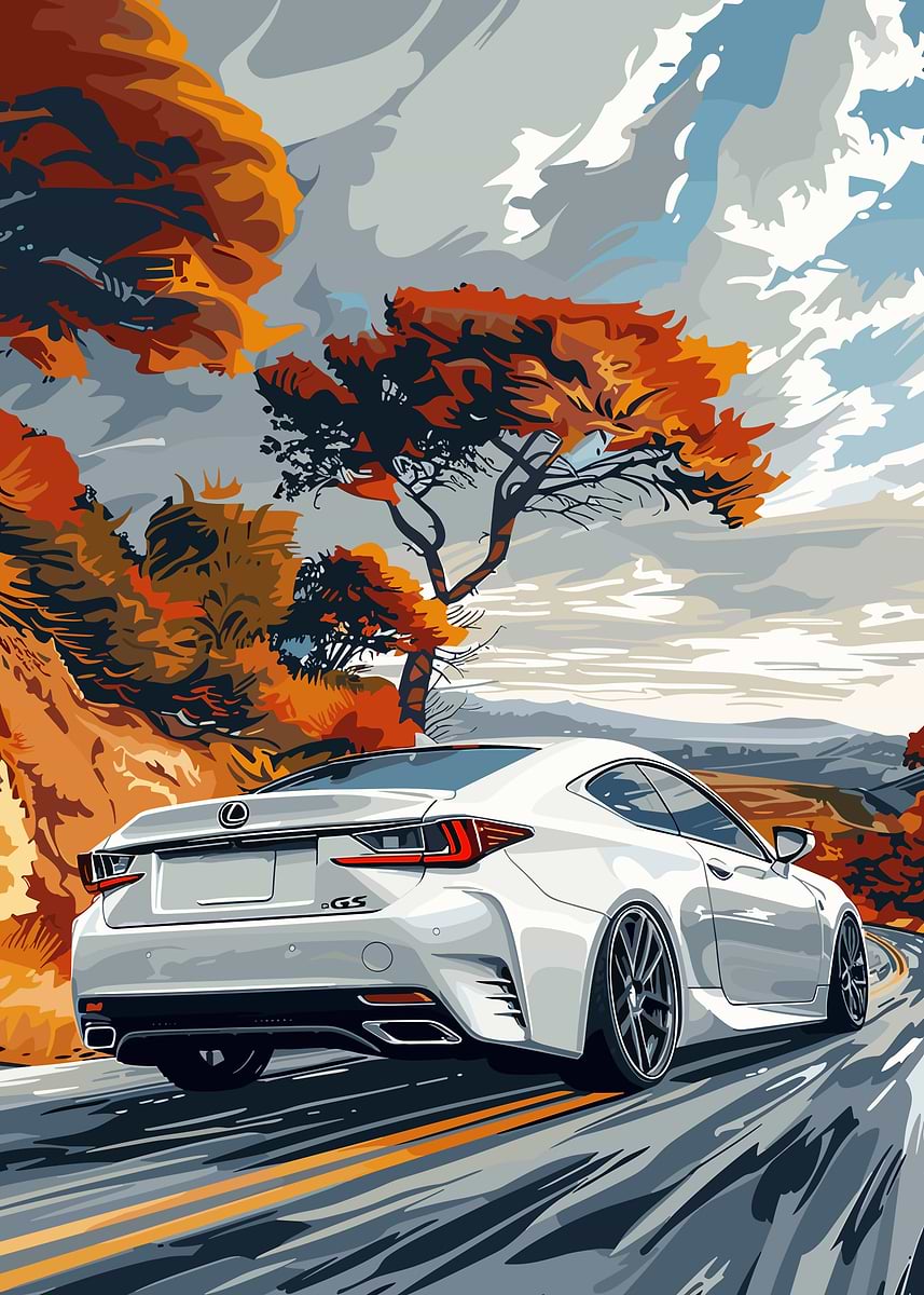 'White Lexus RC on Autumn Road' Poster, picture, metal print, paint by ...