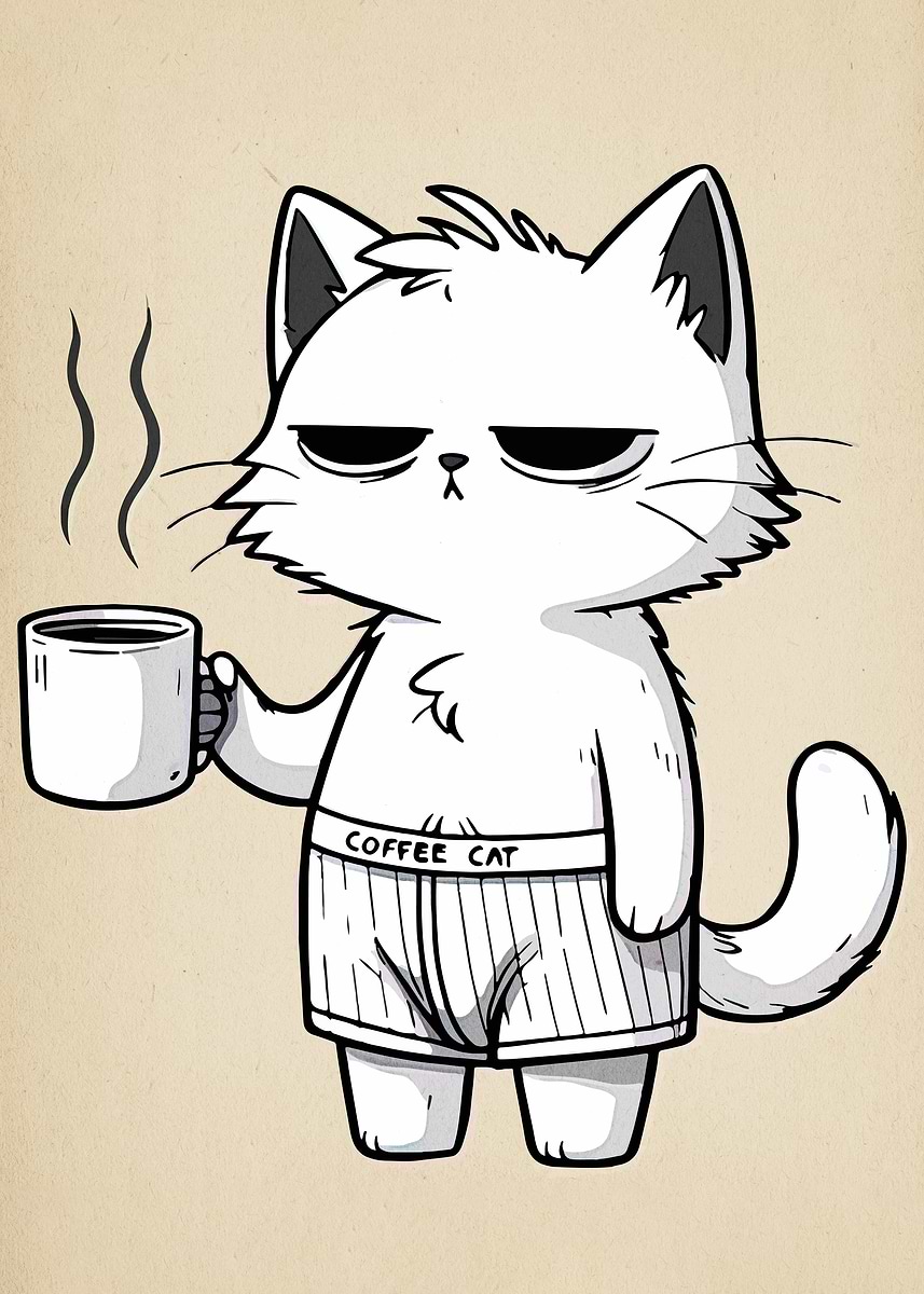 'Grumpy Coffee Cat Cartoon Illustration' Poster, picture, metal print ...