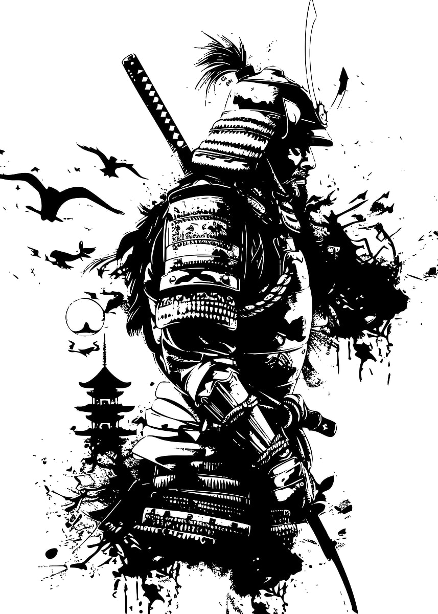 'Samurai Warrior Black and White Illustration' Poster, picture, metal ...