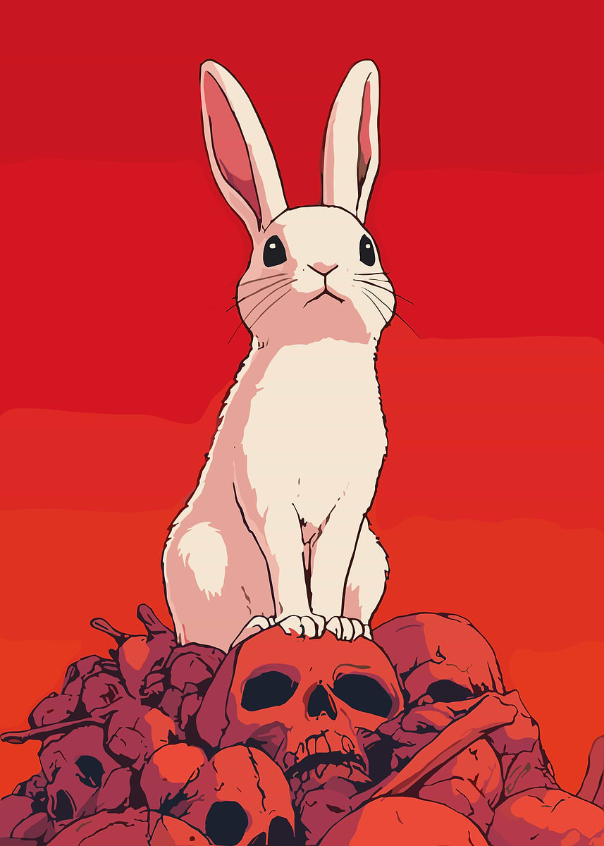 Rabbit on Skull Pile' Poster, picture, metal print, paint by Ninja