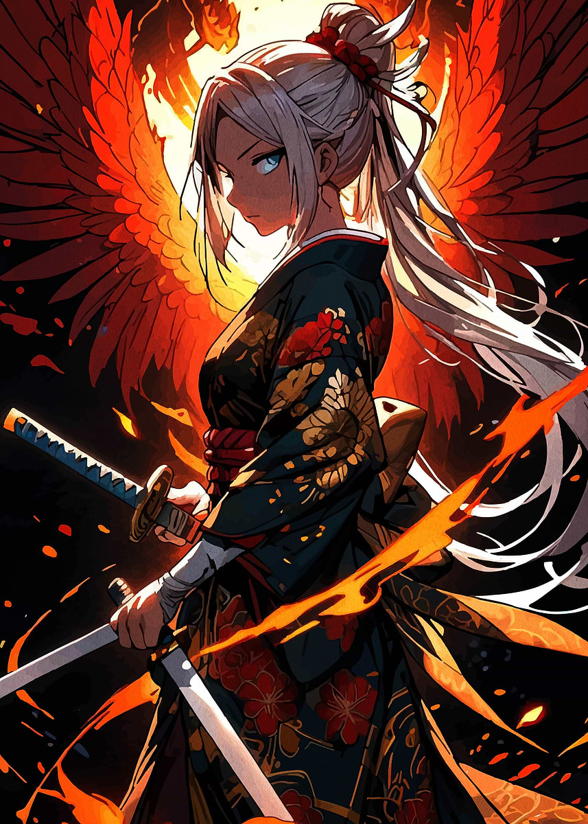 Anime Girl with Phoenix and Swords' Poster, picture, metal print