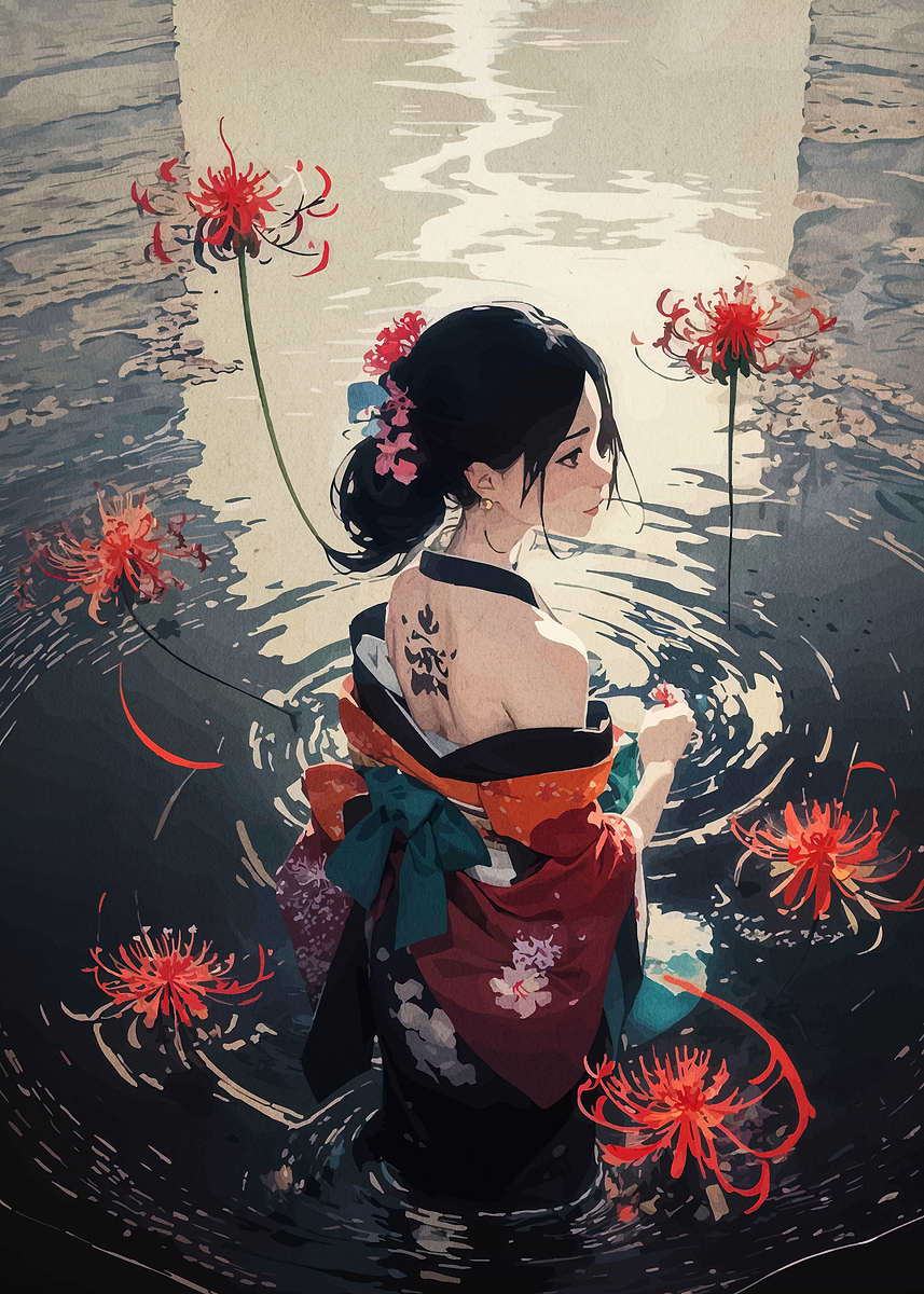 CHAMPION PROMISES KEPT シルクスクリーンポスター Woman in Kimono with Spider Lilies' Poster, picture, metal print