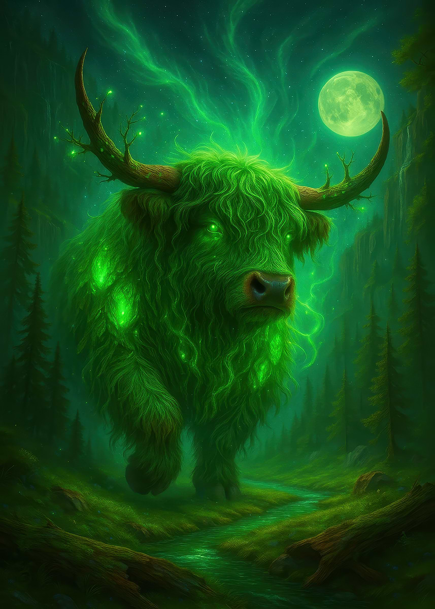 'Mystical Green Bull in Forest' Poster, picture, metal print, paint by ...
