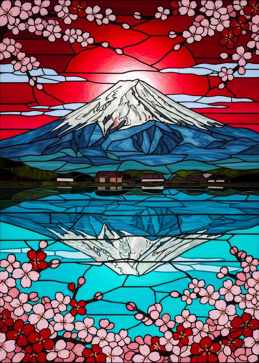 Mount Fuji Stained Glass' Poster, picture, metal print, paint by