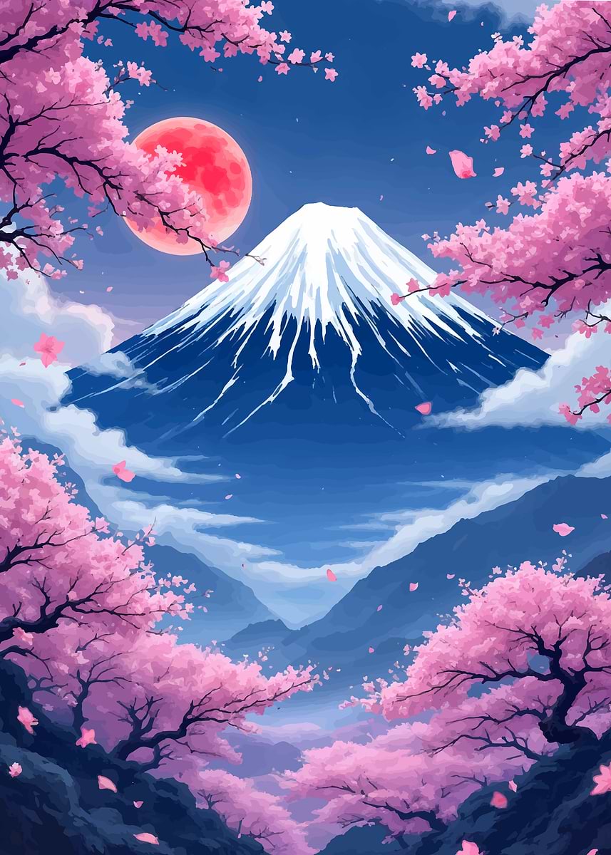 Mount Fuji with Cherry Blossoms' Poster, picture, metal print