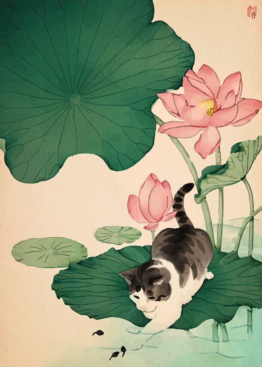 'Cat on Lotus Leaf Painting' Poster, picture, metal print, paint by ...