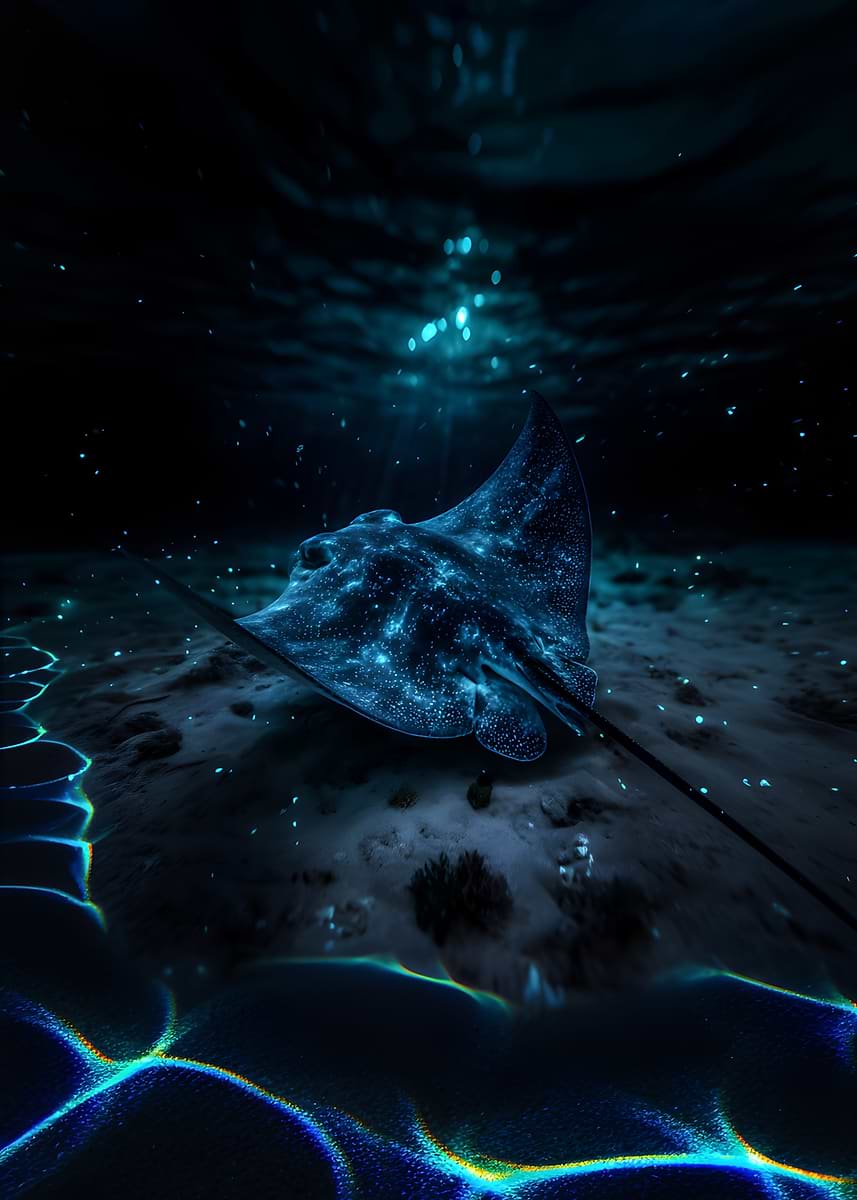 'Glowing Stingray Underwater' Poster, picture, metal print, paint by ...