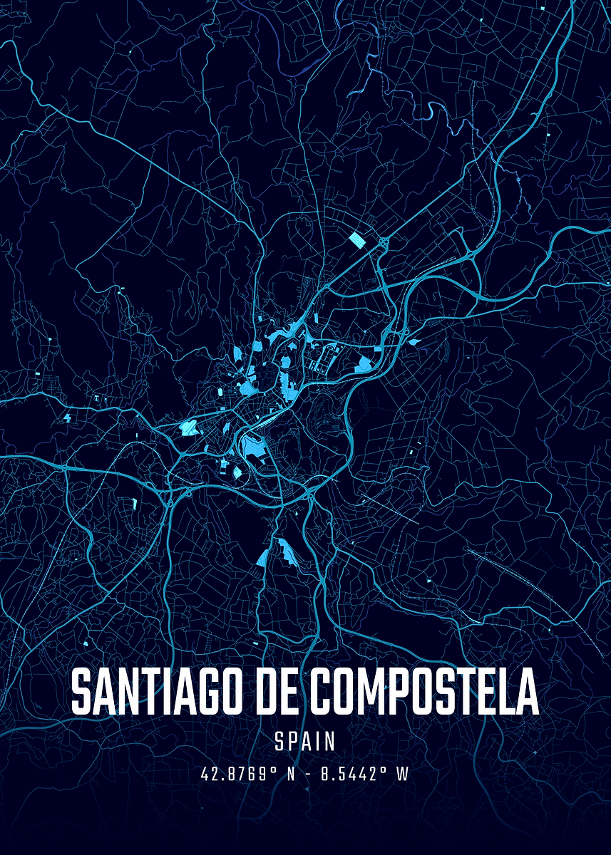 Santiago De Compostela Midnight City Map Poster Picture Metal 426a53d4 70bd 48df B97a 