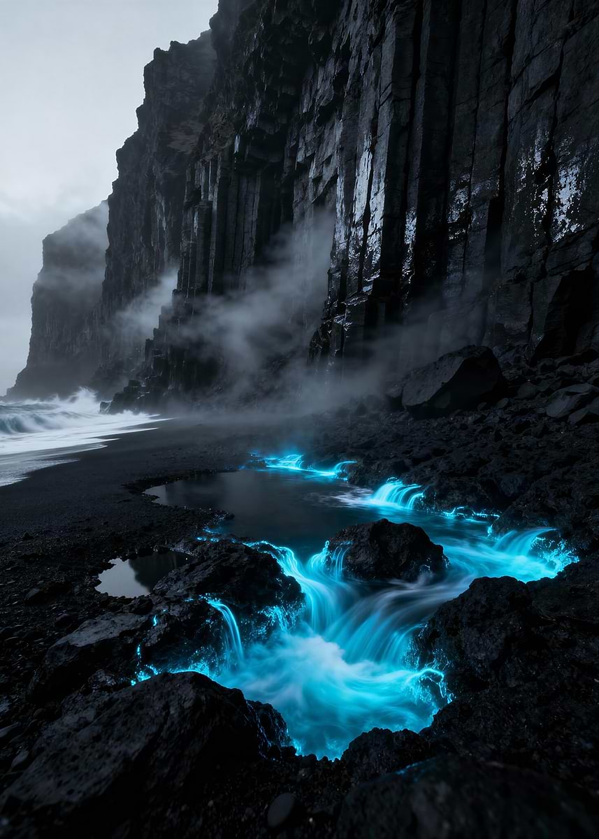 'Black Sand Beach with Bioluminescent Water' Poster, picture, metal ...