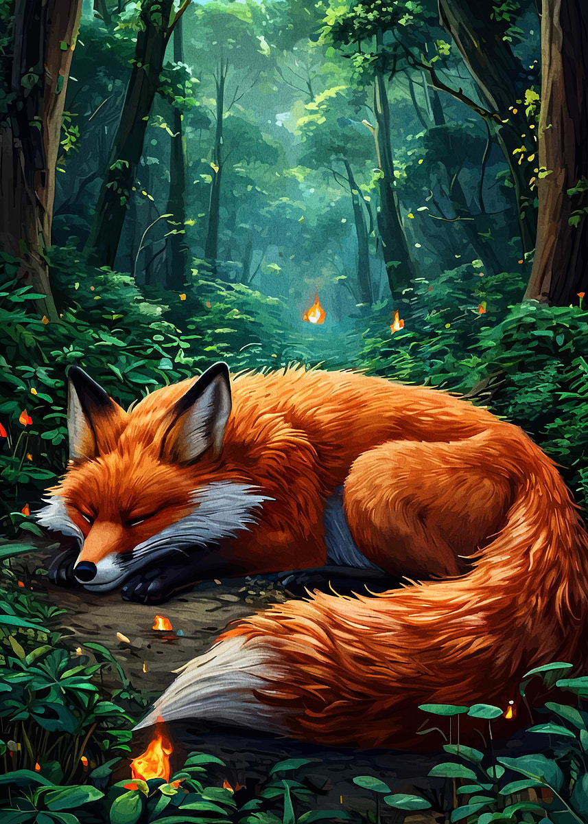 Awake Fox 'Sleeping Fox in Enchanted Forest' Poster, picture, metal print, paint ...