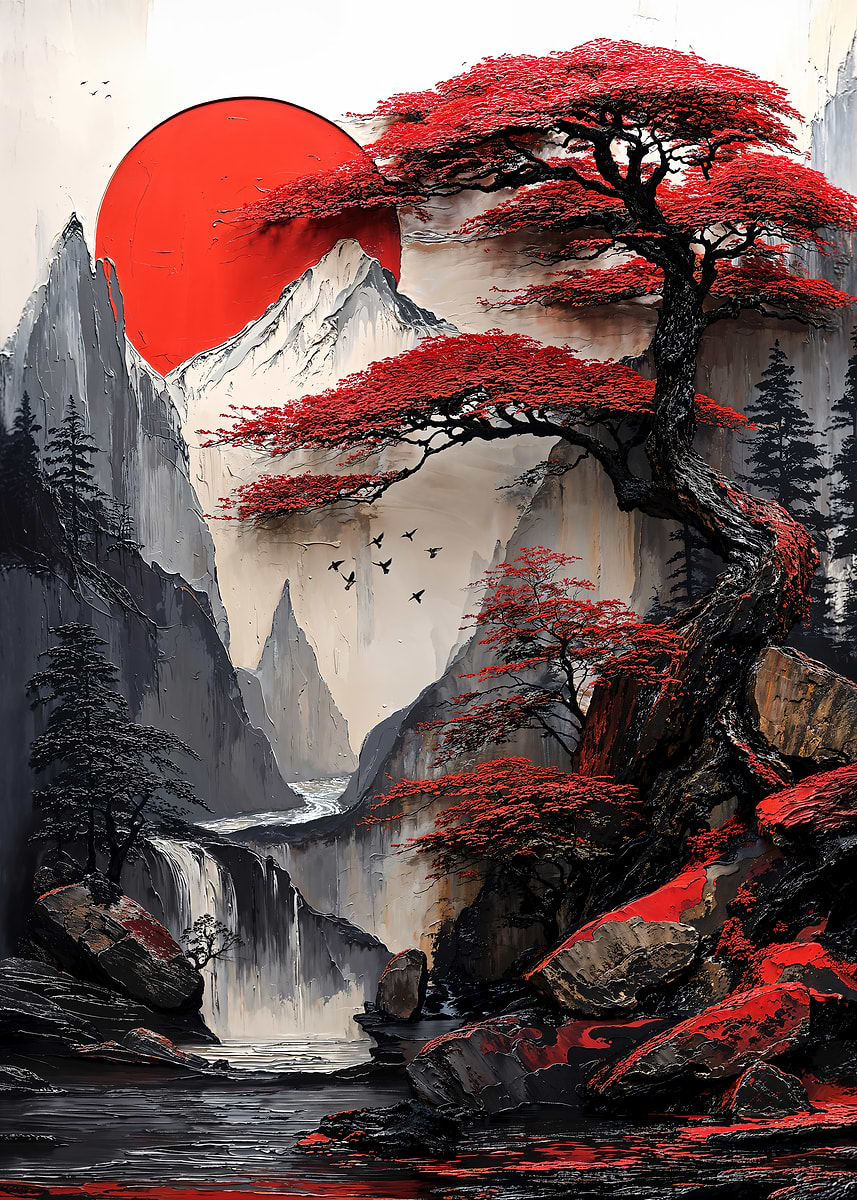 The Red Sun’s Hidden Valley — from the Soul Of Japan collection, a Pixaverse metal print