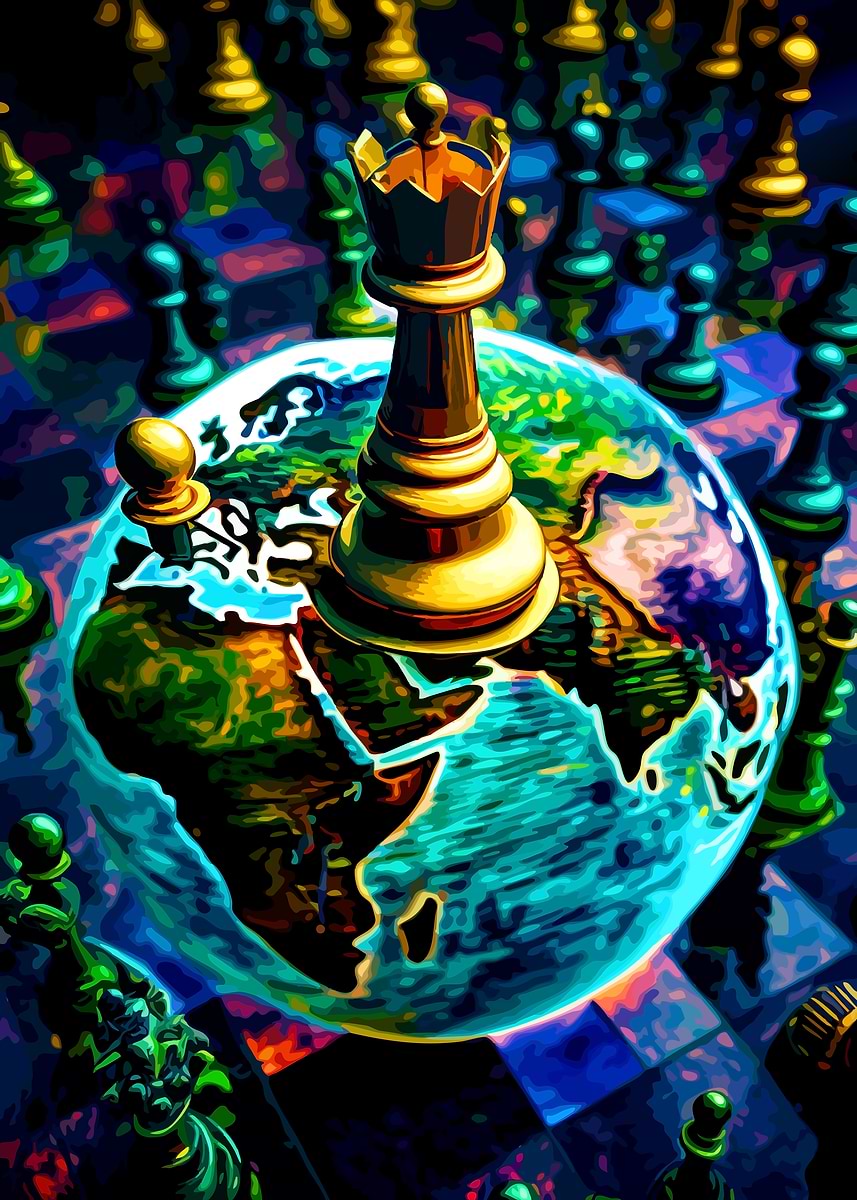 'Chess pieces on Earth globe' Poster, picture, metal print, paint by ...