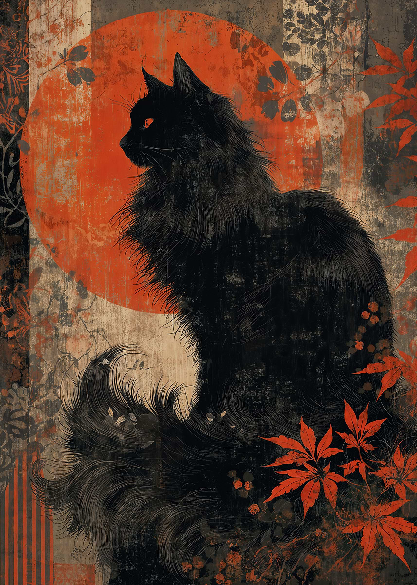 Vintage Japanese Black Cat with Red Moon' Poster, picture, metal