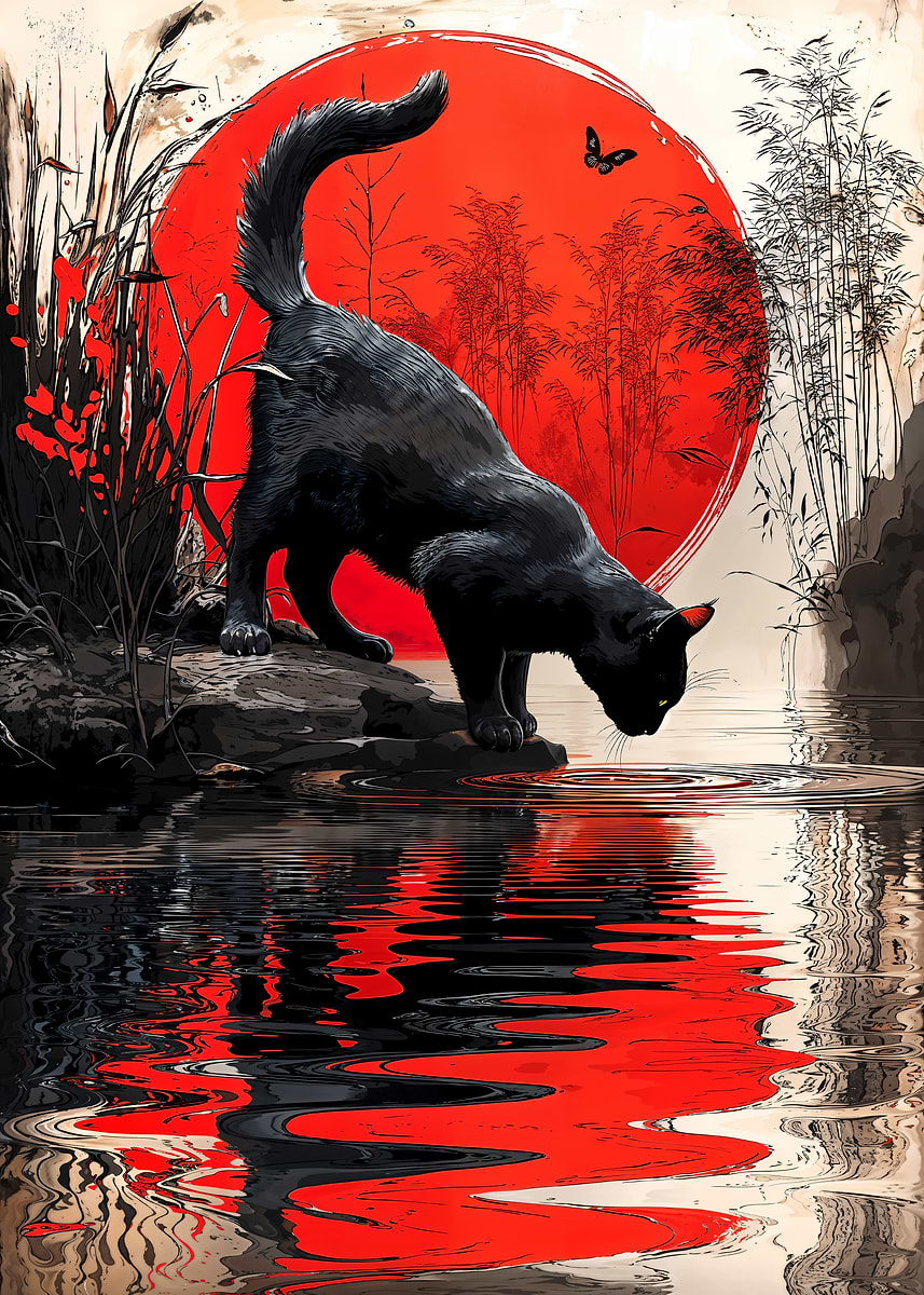 The Cat Who Chased the Red Sun — from the Soul Of Japan collection, a Pixaverse metal print