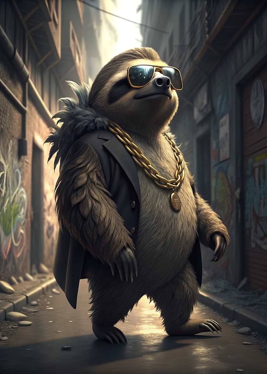 Spectacled Sloth 'Sloth with Sunglasses and Gold Chain' Poster, picture, metal print ...