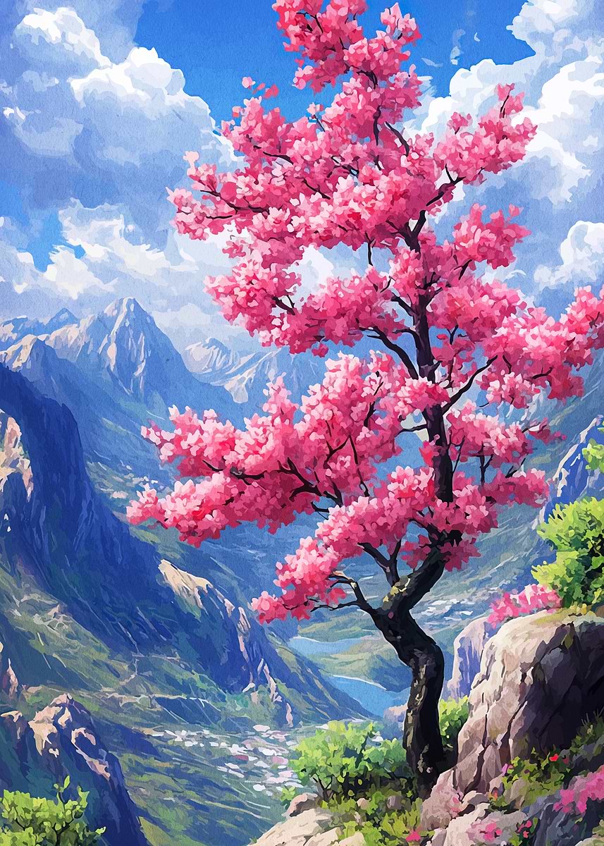 世界に50枚限定　スポンジボブポスター　JAPAN SAKURA PINK Cherry Blossom Tree in Mountain Landscape' Poster, picture, metal