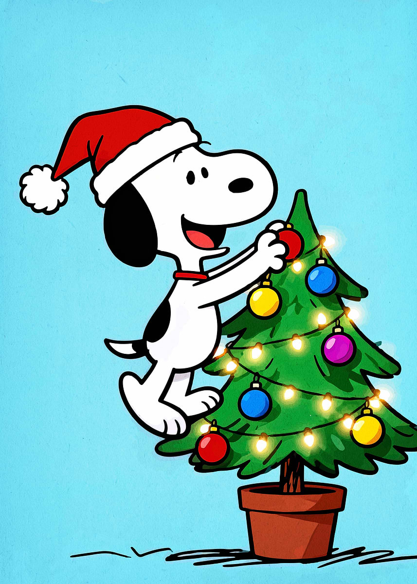 Snoopy Tree Scene 'Snoopy decorating Christmas tree' Poster, picture, metal print, paint ...
