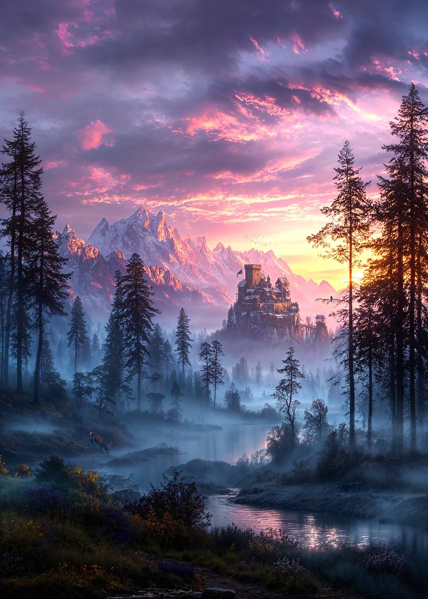 Dusk over the Mirebound Fortress — from the Forgotten Fantasy Realms collection, a Pixaverse metal print