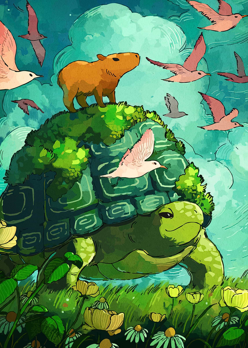 'Turtle, Capybara, and Birds Illustration' Poster, picture, metal print ...