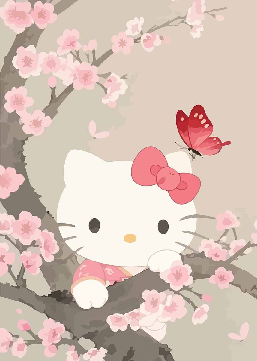 HELLO KITTY ヴィンテージ sanrio 人気 Cherry レア 4 Hello Kitty Cherry Blossom Butterfly' Poster, picture, metal print