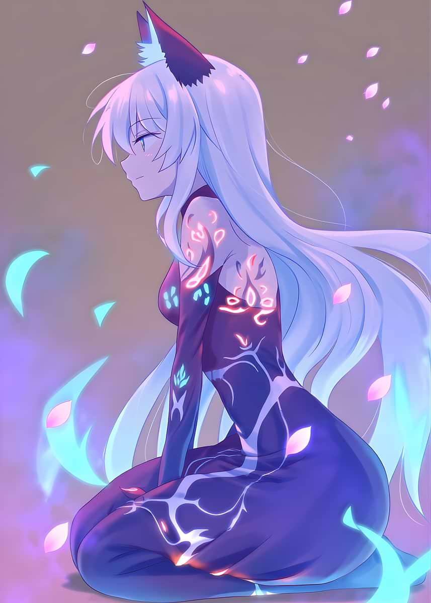 Fuchsia Fox 'Anime Fox Girl with Glowing Dress' Poster, picture, metal print, paint ...