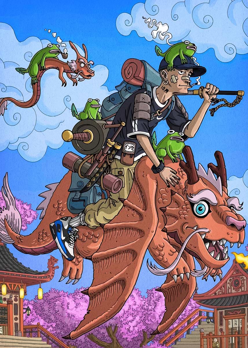 'Dragon Rider with Frogs and Gear' Poster, picture, metal print, paint ...
