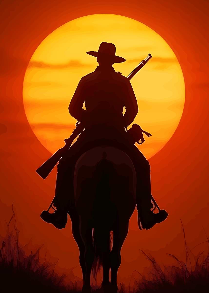 'Cowboy Silhouette at Sunset' Poster, picture, metal print, paint by ...
