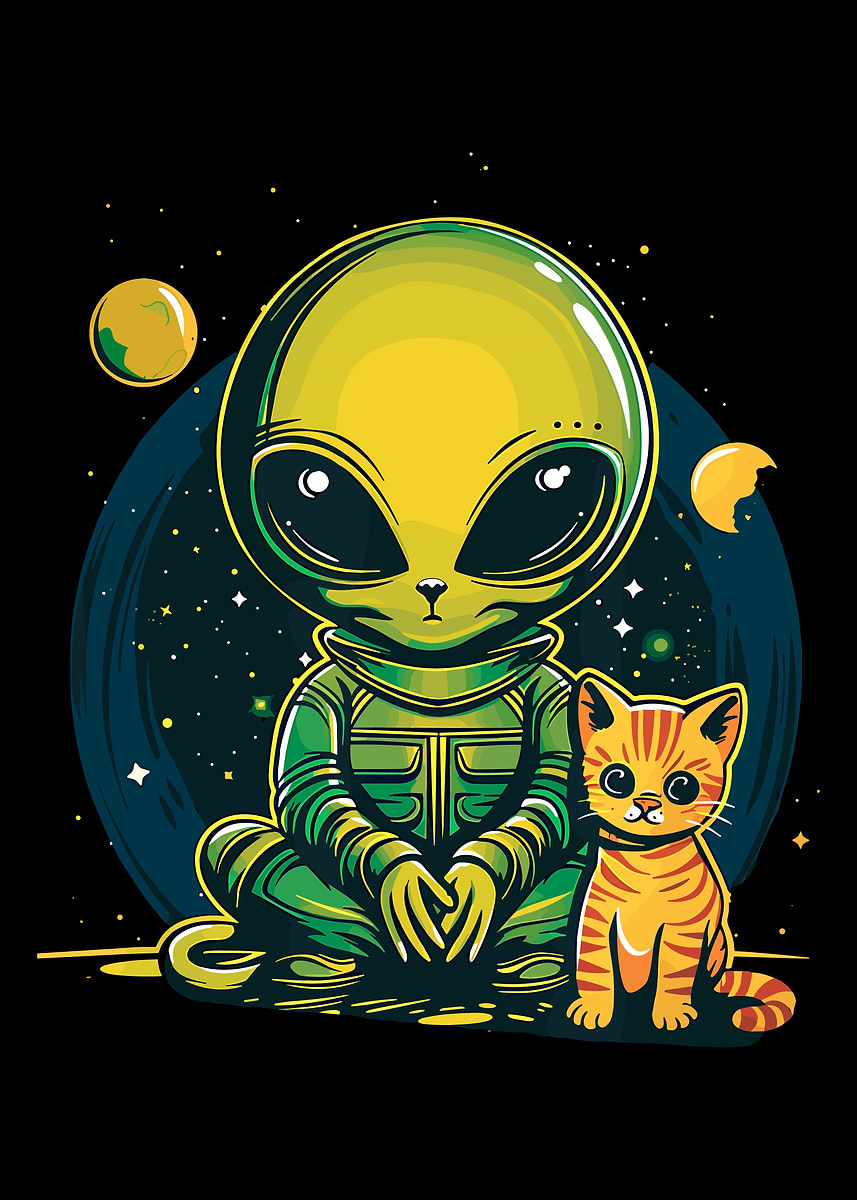 'Alien and Cat in Space' Poster, picture, metal print, paint by ...