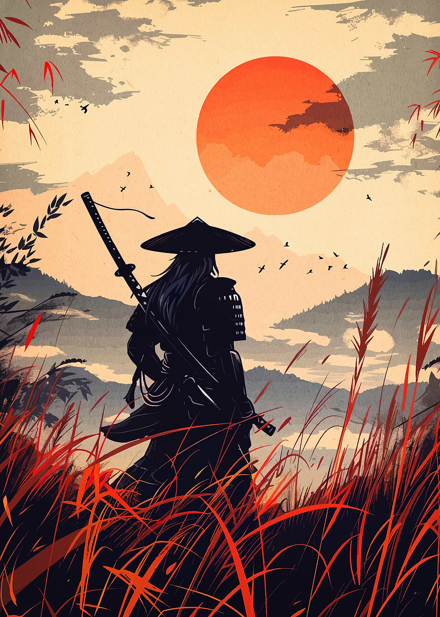 Samurai in Field with Rising Sun' Poster, picture, metal print