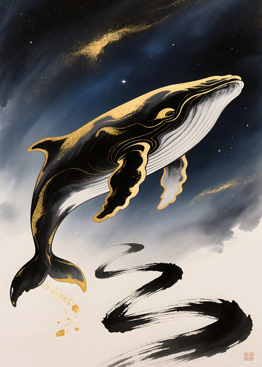 'Golden Whale in the Night Sky' Poster, picture, metal print, paint by ...