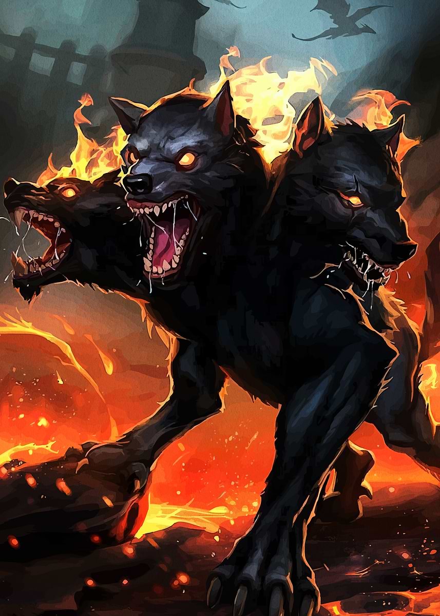 Cerberus Three-Headed Dog Fiery Landscape' Poster, picture, metal