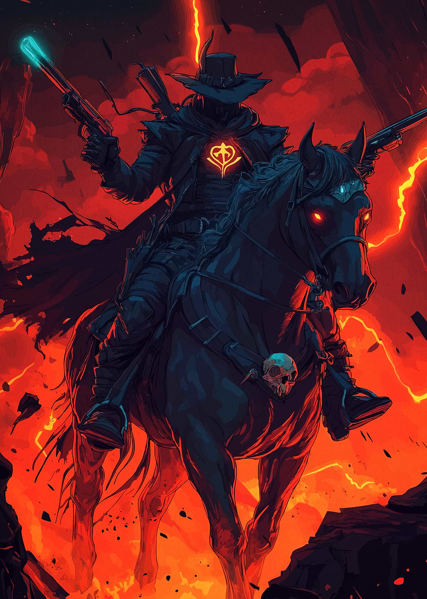 'Dark Cowboy Rider Fiery Landscape' Poster, picture, metal print, paint ...