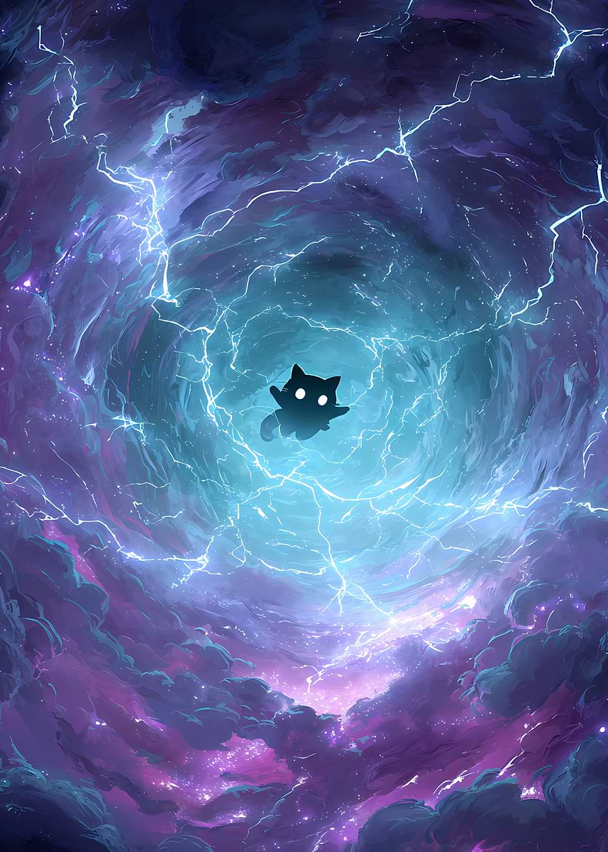 'Cat in a Cosmic Vortex Storm' Poster, picture, metal print, paint by ...
