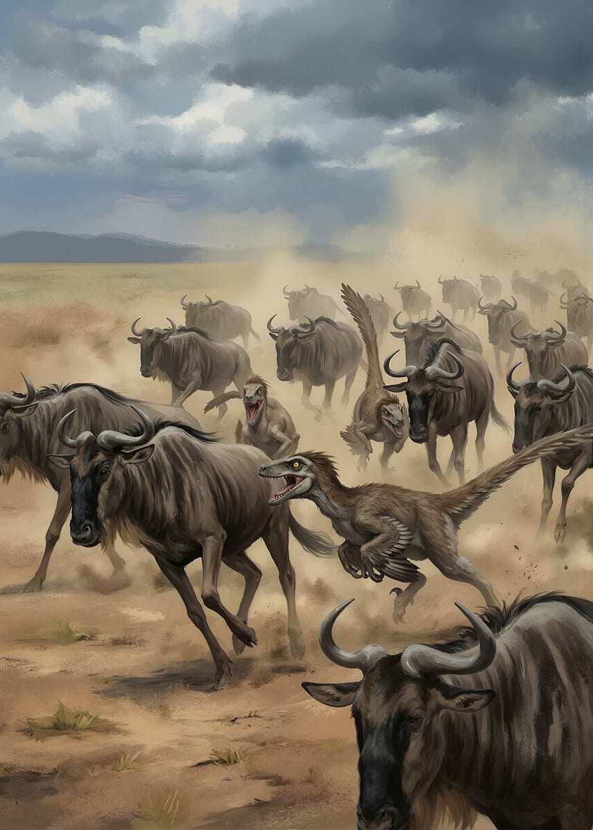 Rahtor 'Raptors Hunting Wildebeest Herd' Poster, picture, metal print, paint ...
