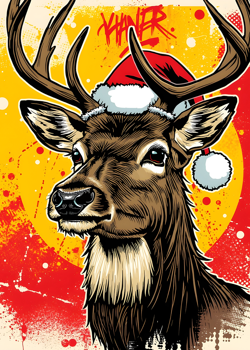 'Christmas Deer with Santa Hat Illustration' Poster, picture, metal ...
