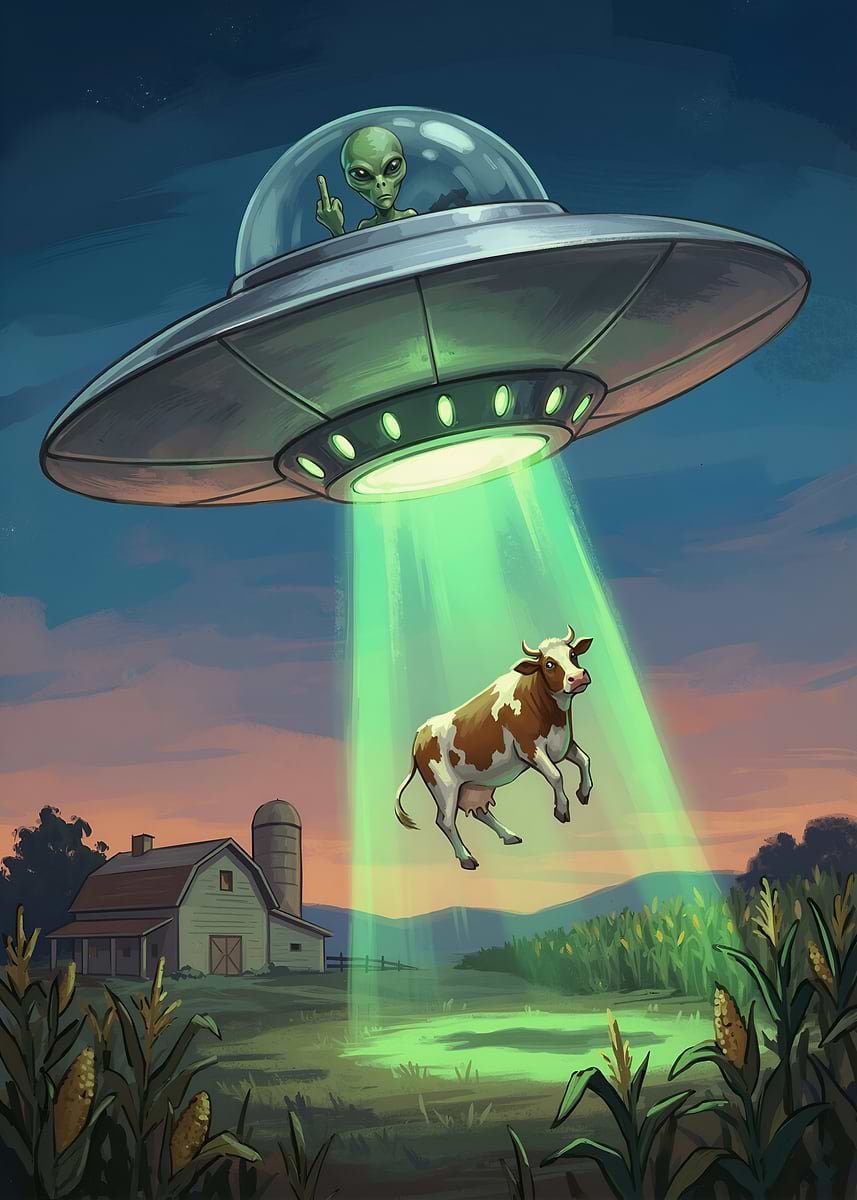 'Alien Abduction of Cow' Poster, picture, metal print, paint by Tollaru ...