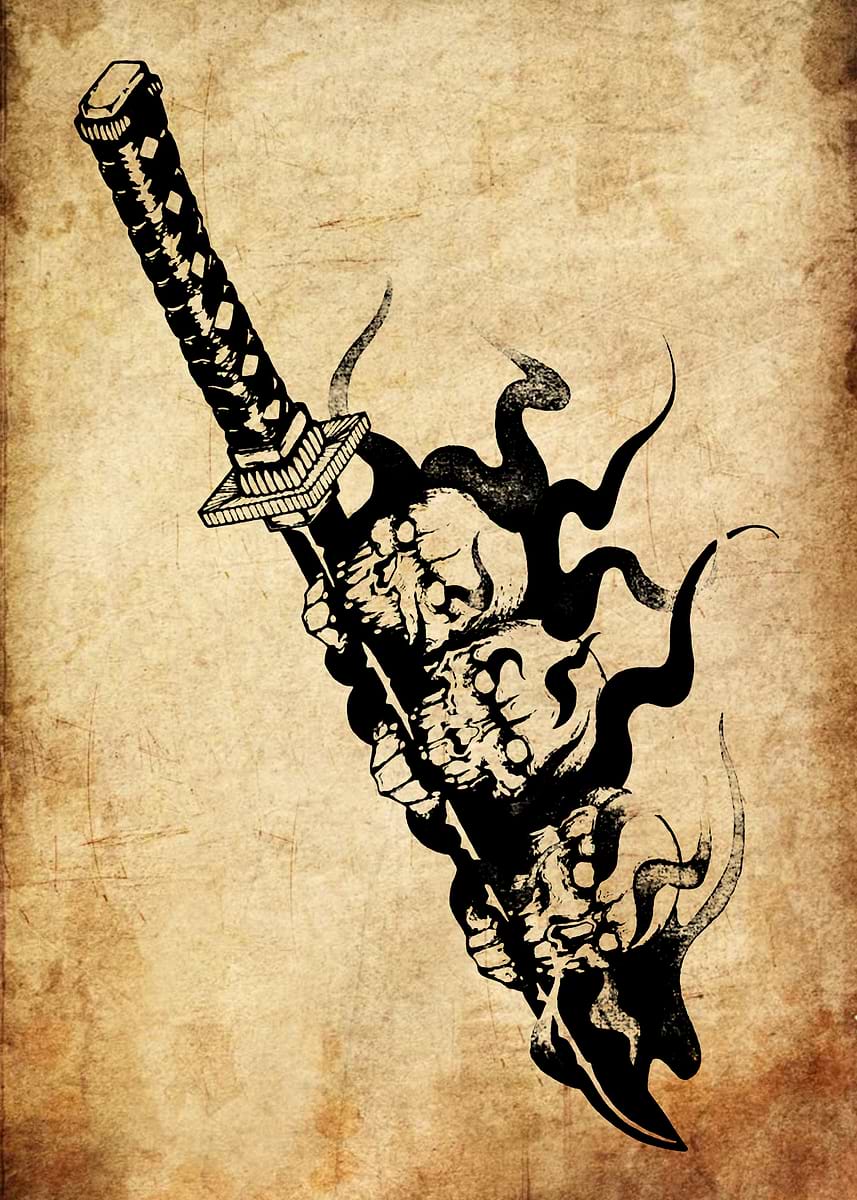 'Samurai Sword with Demon Heads' Poster, picture, metal print, paint by ...