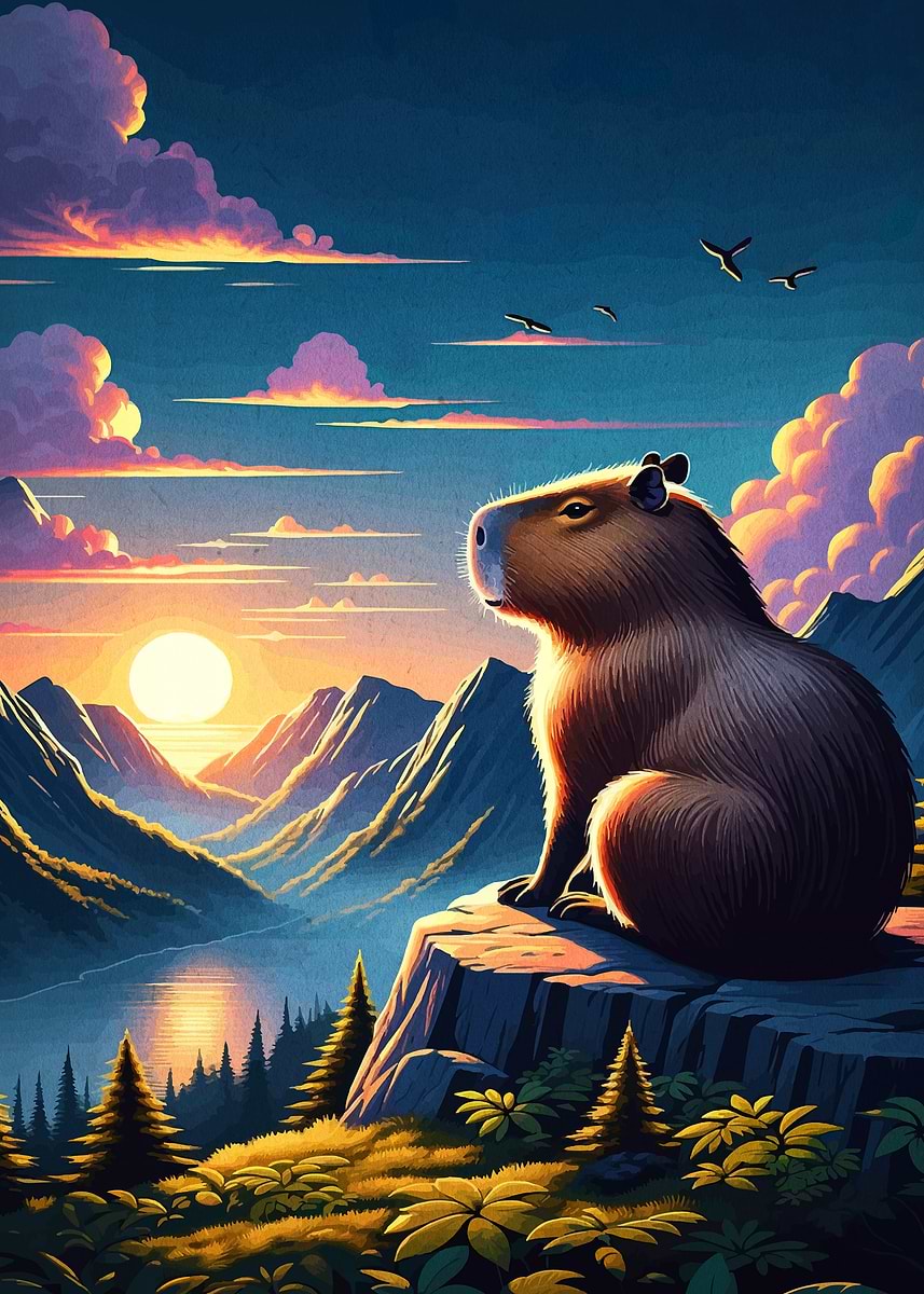 'Capybara at Sunset Mountain View' Poster, picture, metal print, paint ...