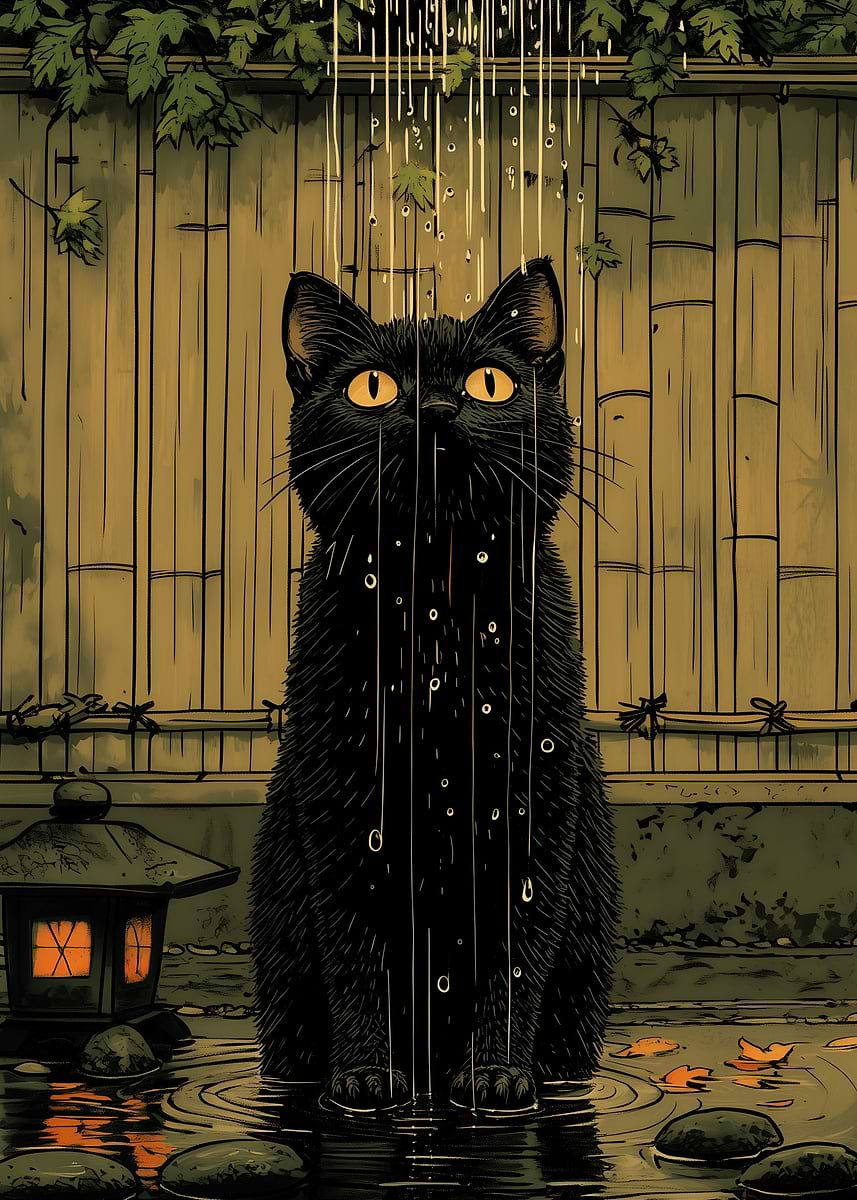 Black Cat in Japanese Garden Shower' Poster, picture, metal print