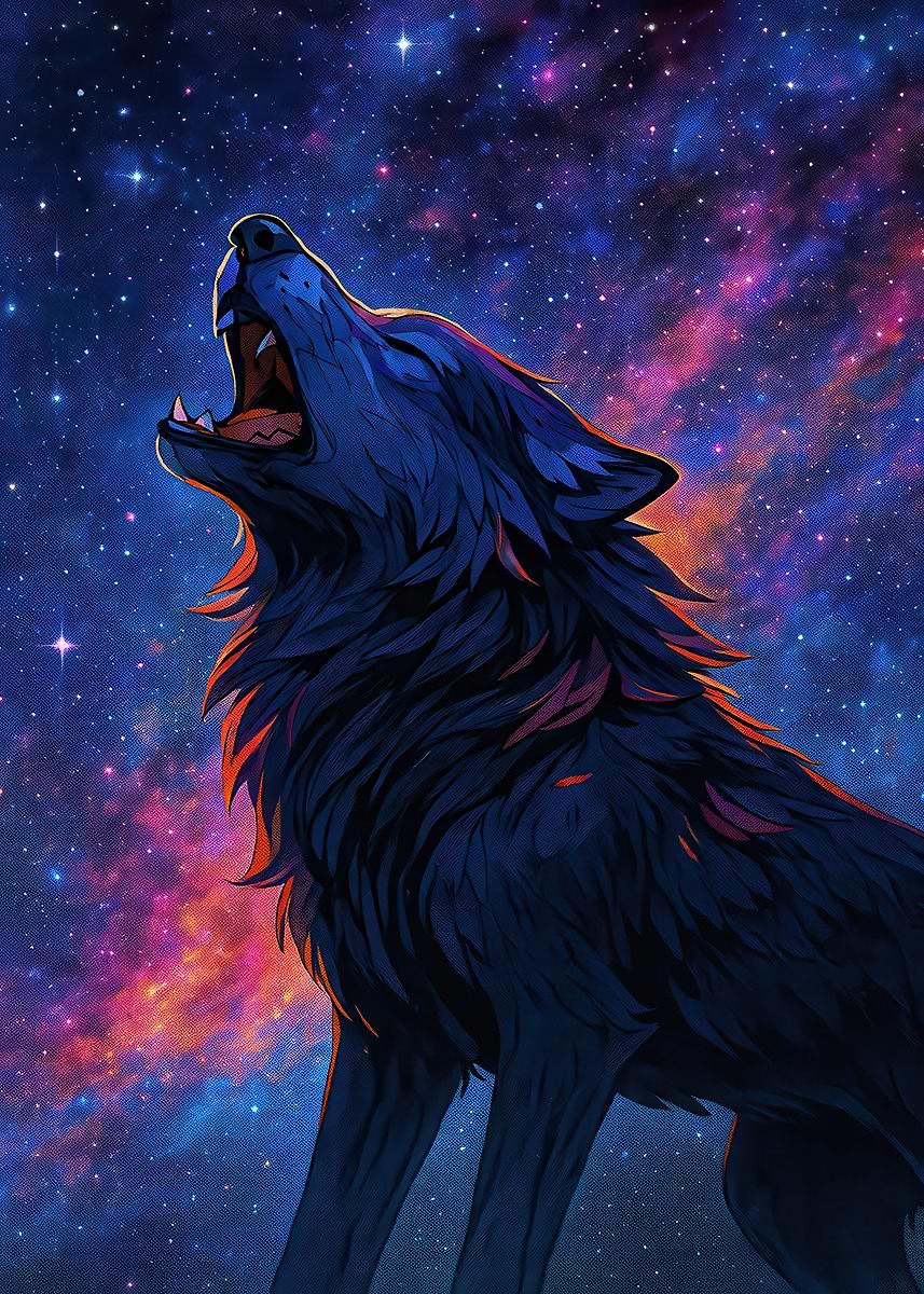 Zoom C1空中浮遊ボールペン　夜空カスタム　星空カスタム Howling Wolf Against Galaxy Background Poster, Picture & Metal