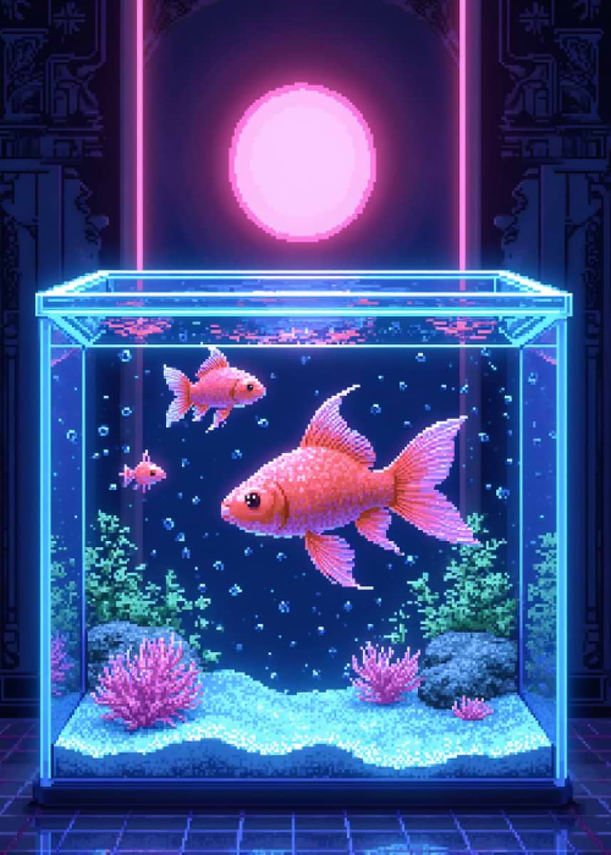 'Pixel Art Goldfish in Neon Aquarium' Poster, picture, metal print ...