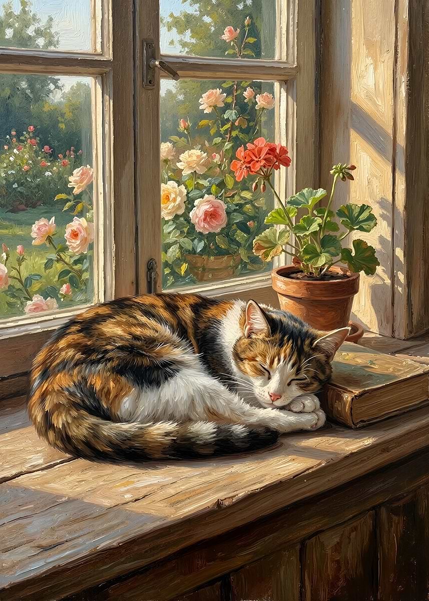 Sleeping Cat by the Window' Poster, picture, metal print, paint by
