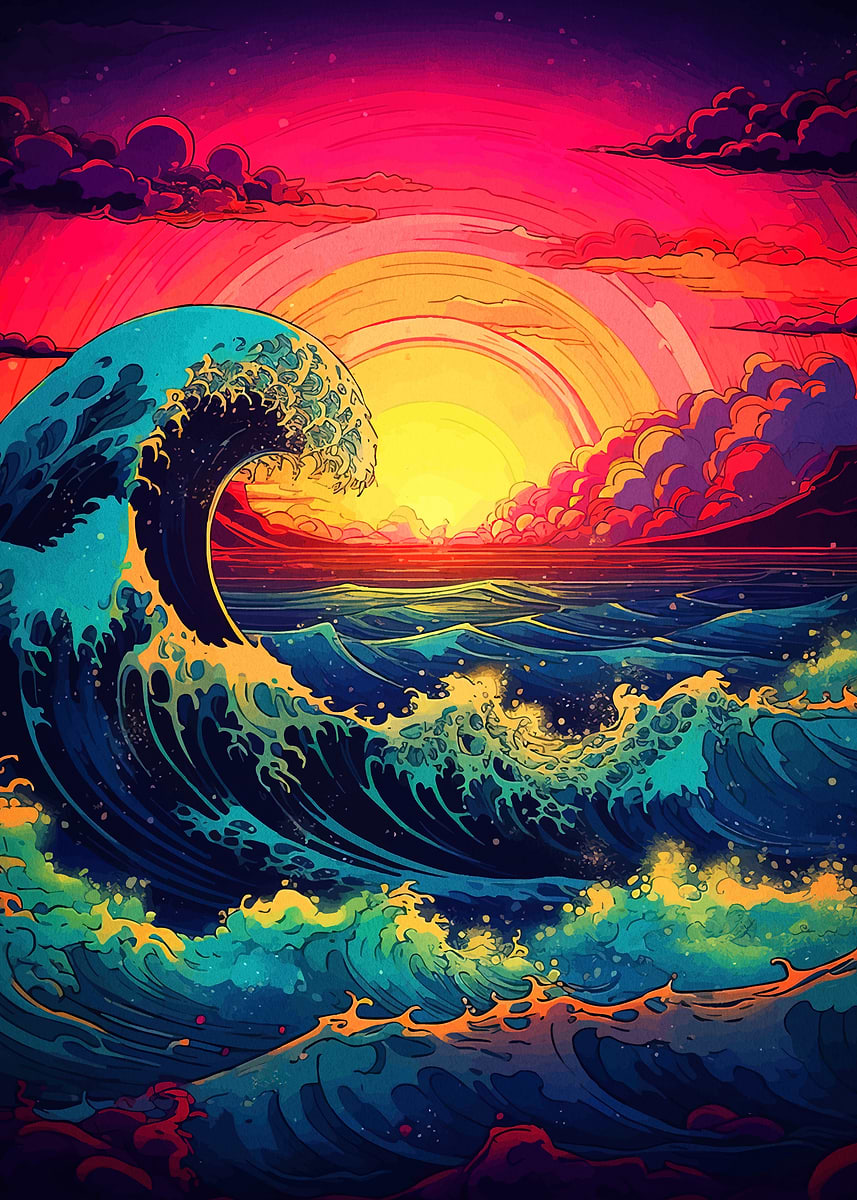 Ocean Graphics Colorful 'Ocean Wave Sunset Colorful ' Poster, picture, metal print, paint by ...