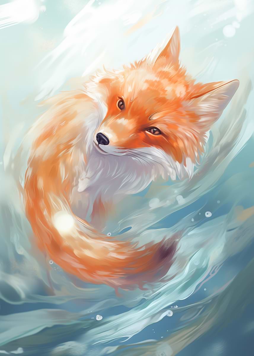 Fox in Water Digital Painting' Poster, picture, metal print, paint