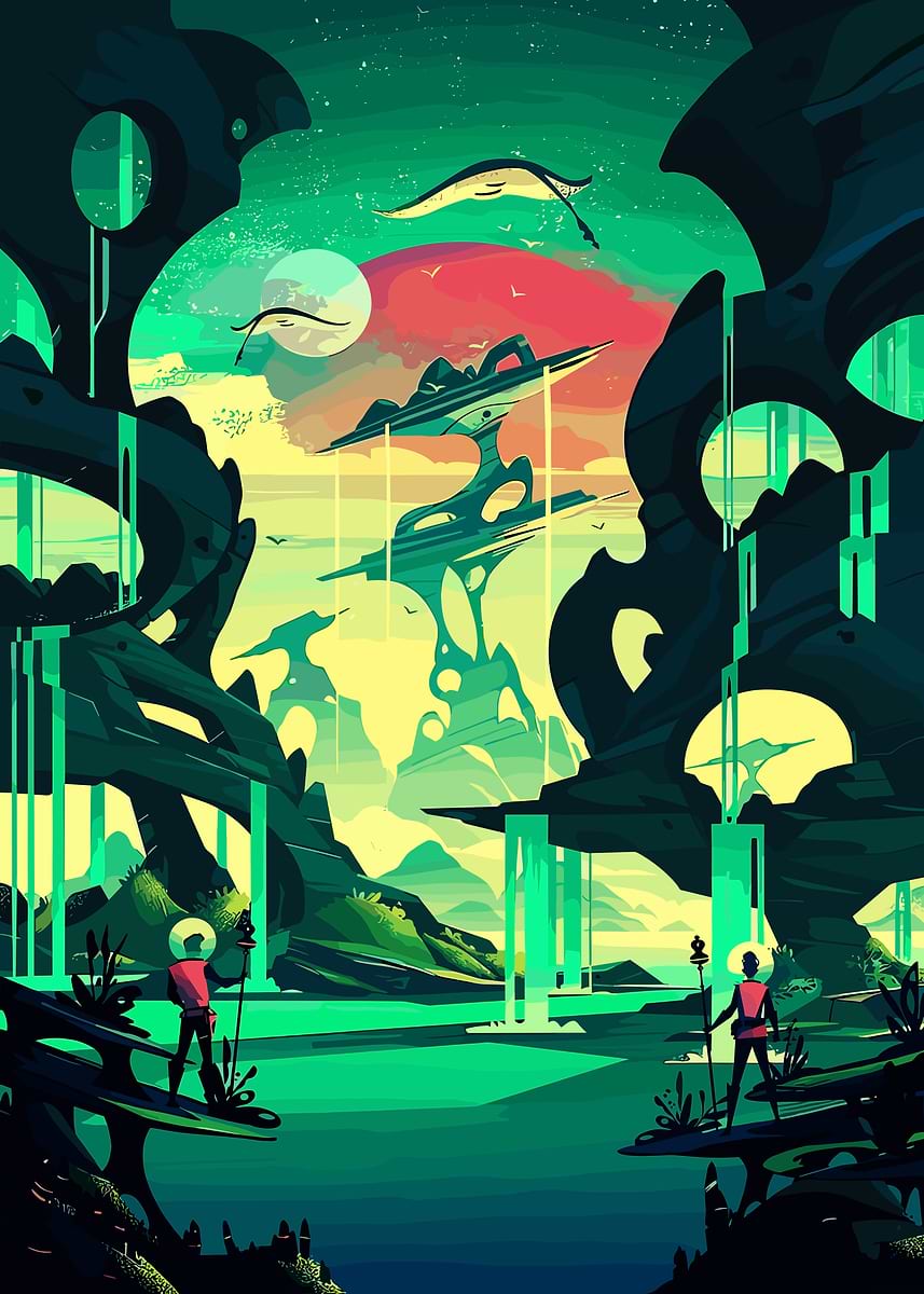 'Alien Landscape with Explorers' Poster, picture, metal print, paint by ...