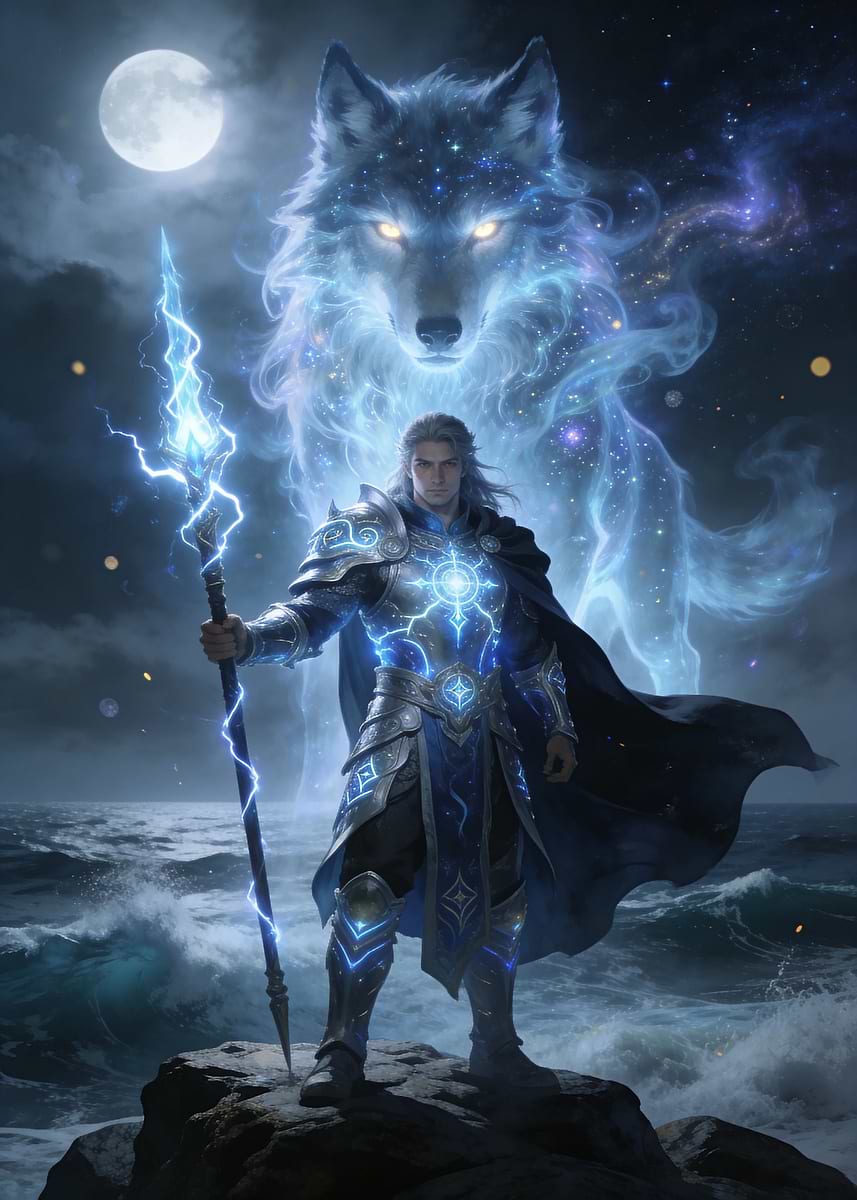'Mystic Warrior with Astral Wolf' Poster, picture, metal print, paint ...